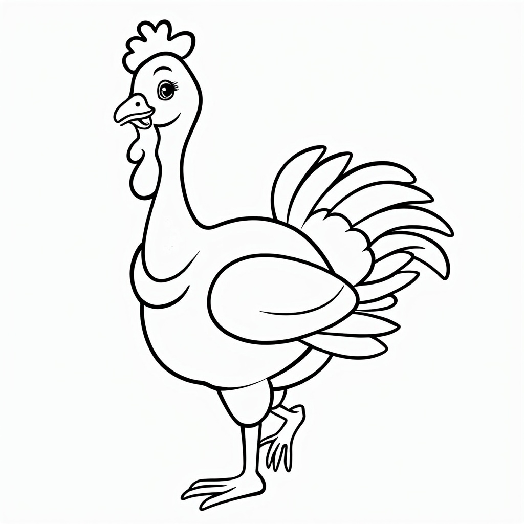 A turkey in a quirky pose, showcasing its long curvy neck and colorful tail feathers in pencil.