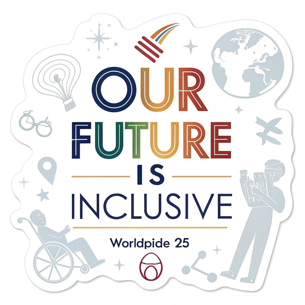 Sticker focused on impactful typography where the phrase 'Our Future is Inclusive' is the central design element, using dynamic, modern, and accessible fonts. Small, universally recognizable icons representing global unity, diverse communities, or positive future symbols could be subtly integrated. 'WorldPride '25' would be a clear, secondary textual element.