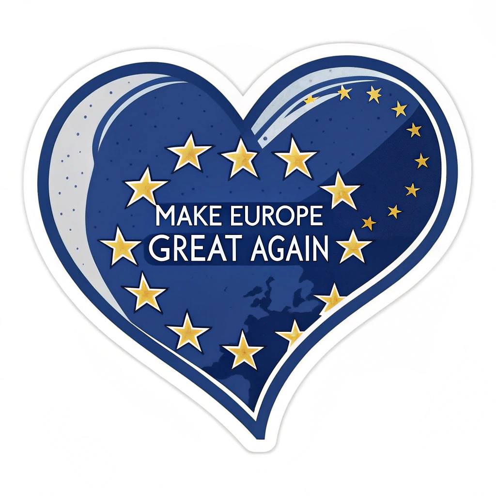 A sticker featuring the EU flag shaped like a heart, with the words 'Make Europe Great Again' incorporated into the design.