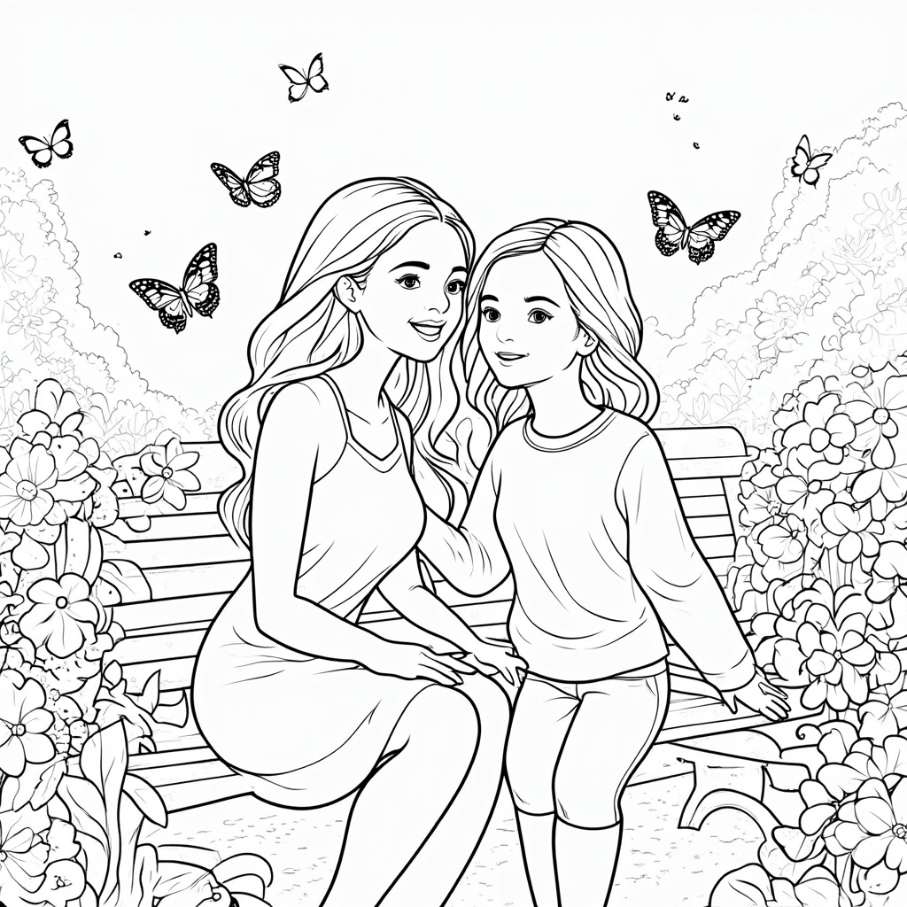 Garden Whispers: Illustrations of a mother and child in a serene garden setting, perhaps sharing secrets on a bench, admiring flowers, or watching butterflies, allowing for detailed natural elements to color.