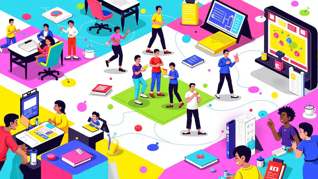 Create a vibrant, stylized metaverse landscape showcasing multiple 'zones' representing different applications: a collaborative workspace, an immersive gaming zone, an educational environment, and a social interaction hub, all interconnected.