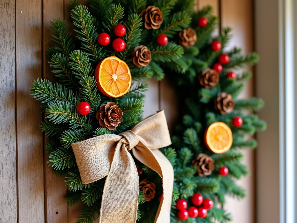 A close-up of a Christmas wreath crafted from pine branches, pinecones, and cranberries, with a homemade touch of dried orange slices and a burlap ribbon bow, hanging on a rustic wooden door.