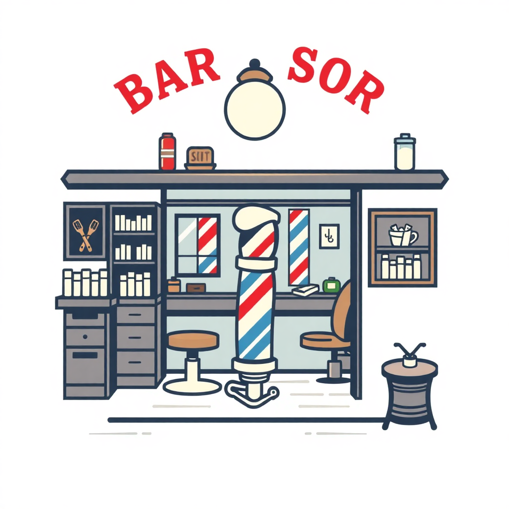 The image is an illustration of a barber shop with the words Bar SOR written above it. The shop has a blue and red striped barber pole in the center, with a chair and a stool in front of it. On the left side of the image, there is a desk with various barber tools and supplies on it, including a pair of scissors, a comb, and a hair dryer. Above the desk, there are shelves with hair products and a mirror. The overall color scheme of the shop is blue, red, and white.