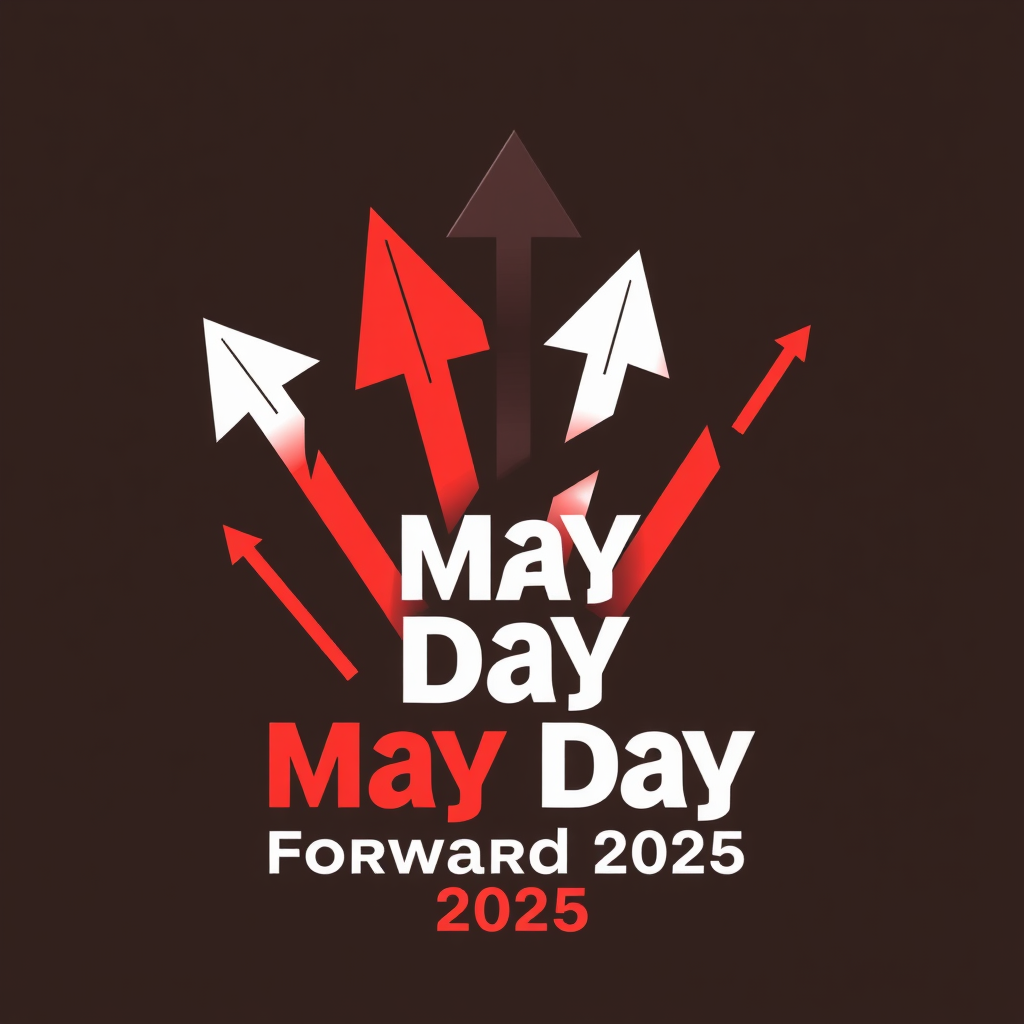 Design showcasing multiple dynamic arrows, possibly in varied protest-associated colors (e.g., red, black), converging to point forward and slightly upward, symbolizing the unity and collective forward movement of different labor segments for their rights. The text 'May Day Forward 2025' could be integrated.