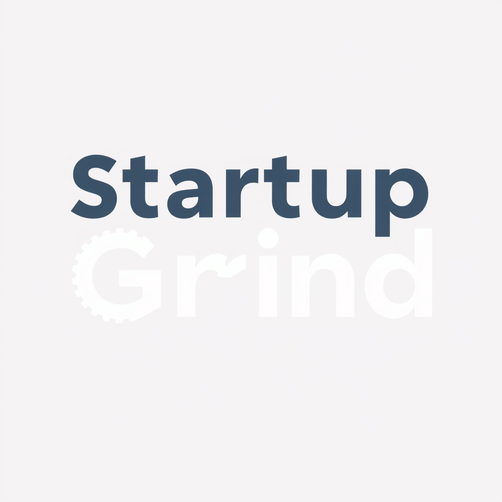 A logo design pairing the text 'Startup Grind' in a modern, approachable sans-serif font with a small, highly minimalist gear symbol placed subtly, perhaps replacing the 'o' in 'Grind' or as a small emblem to the side.