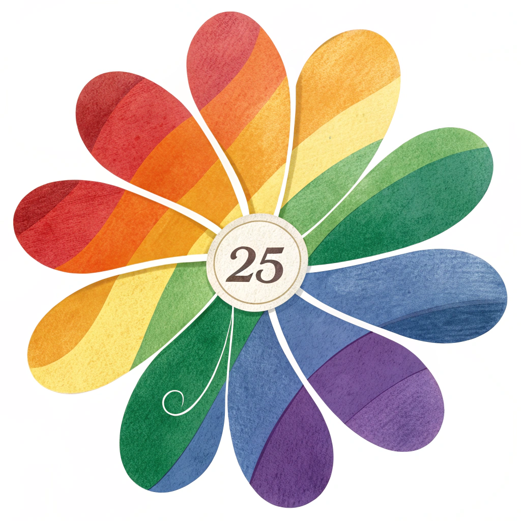 WorldPride 2025 Sticker - Simple Icon: A minimalist, icon-style sticker of a single, stylized six-petal flower. Each petal is a solid, distinct color of the classic rainbow flag (Red, Orange, Yellow, Green, Blue, Violet). The center could be a simple circle, perhaps with '25' subtly embossed or printed.