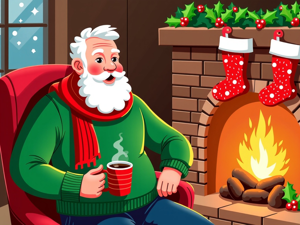  an elderly man sitting in a red armchair in front of a fireplace. He is wearing a green sweater and a red scarf around his neck. He has a white beard and mustache and is holding a red mug of hot chocolate in his hands. The fireplace is decorated with Christmas stockings hanging on the mantle and holly leaves and berries. There is a fire burning in the fireplace and a window with snowflakes visible in the background. The overall mood of the image is cozy and festive.