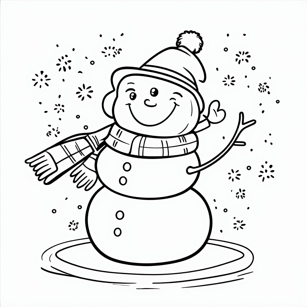 The image shows a sketch of a snowman wearing a hat and scarf, surrounded by snowflakes. The snowman is outlined in black and white, with a few details such as a carrot nose, coal eyes, and a top hat. The background of the image is filled with a pattern of snowflake shapes, giving the impression of a wintery scene.