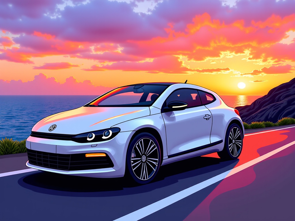 The image is a digital illustration of a white Volkswagen car parked on the side of a road near the ocean. The car is facing towards the right side of the image and is positioned in the center of the frame. The sky is filled with vibrant colors of orange, pink, and purple, with the sun setting in the background. The ocean is visible in the distance, with a rocky cliff on the left side. The road is curved and has white lines marking the lanes. The overall mood of the illustration is peaceful and serene.