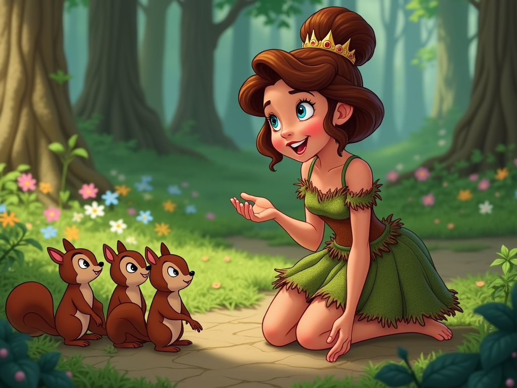 A princess with a mischievous grin, wearing a dress patched with moss and bark, talking to a group of curious squirrels and chipmunks.