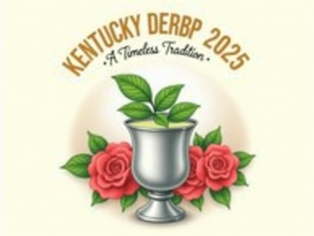 T-Shirt Design: 'Vintage Julep & Roses'. Features a classic, illustrative Mint Julep in a silver cup with mint and a dewdrop, entwined with Kentucky Derby roses. Text: 'Kentucky Derby 2025 - A Timeless Tradition'. Style: vintage and elegant.