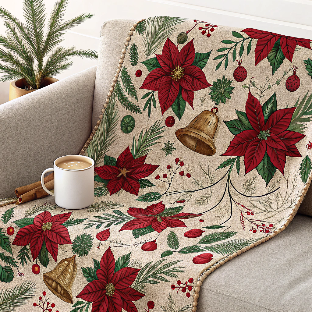 A cozy blanket draped over a sofa, showcasing red and green Christmas patterns with intricate designs like poinsettias and bells. A cup of hot cocoa sits nearby.