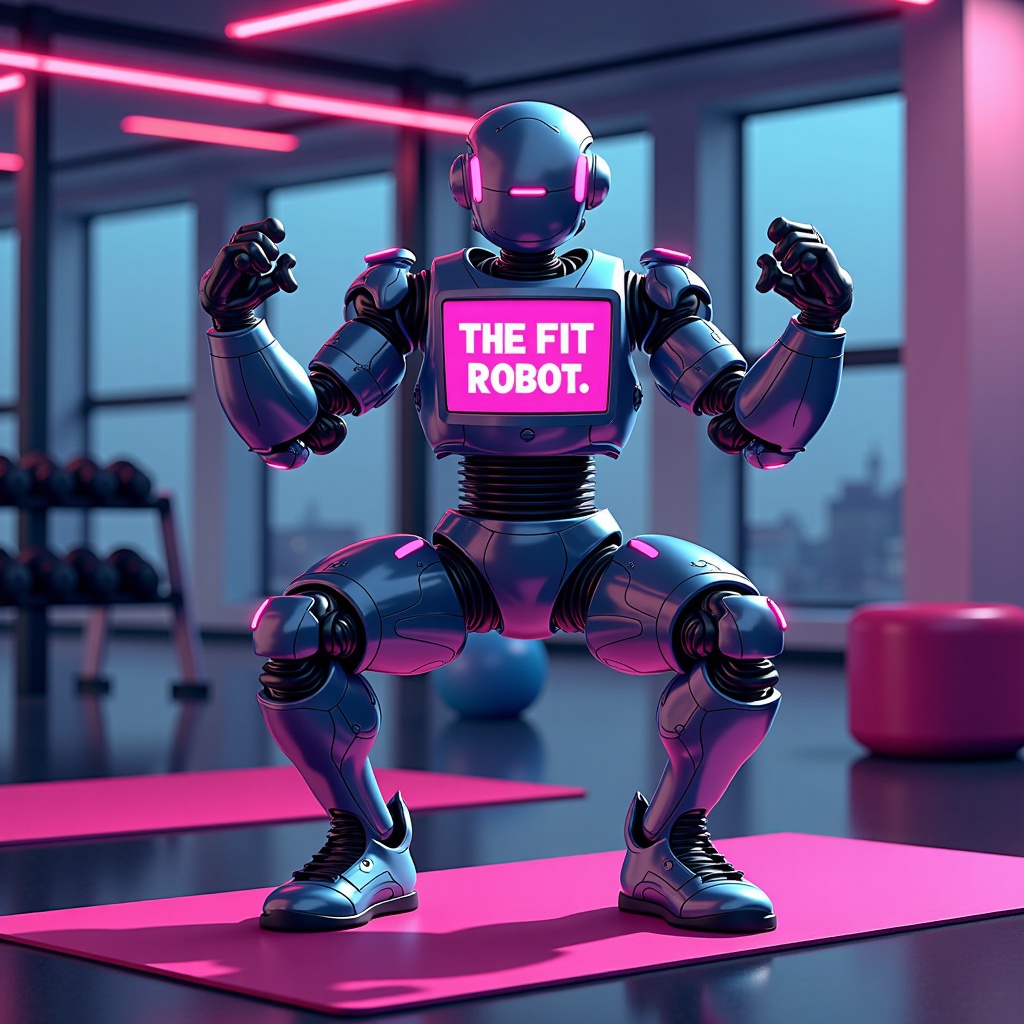  a robot in a gym. The robot is standing on a pink mat and is in a fighting stance with its arms stretched out in front of it. It has a pink screen on its chest that reads THE FIT ROBOT. The robot appears to be in the middle of a workout, as there are dumbbells and exercise equipment visible in the background. The room is dimly lit with pink neon lights.