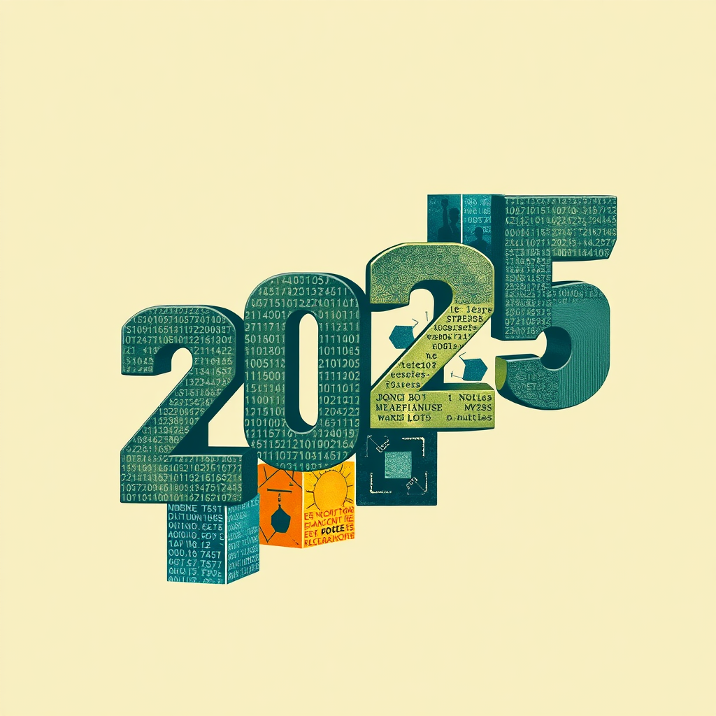 Sub-Design Idea 4: 'Evolving Blocks'. Visual: An abstract representation of blockchain technology where the blocks are not uniform. Some blocks have distinct digital textures or code patterns, while others show organic patterns or include silhouettes of people. These blocks should be dynamically arranged, suggesting growth and evolution, perhaps spiraling or forming the year '2025'.