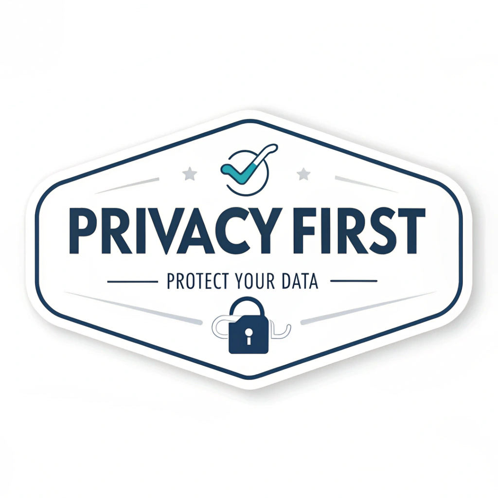 Simple Logo Concept for Privacy First: The words 'Privacy First' rendered in a bold, modern sans-serif font, underlined by a clean line. Below this, 'Protect Your Data' appears in a slightly smaller, lighter font. A minimalist lock icon could be subtly integrated next to or above the 'Privacy First' text.