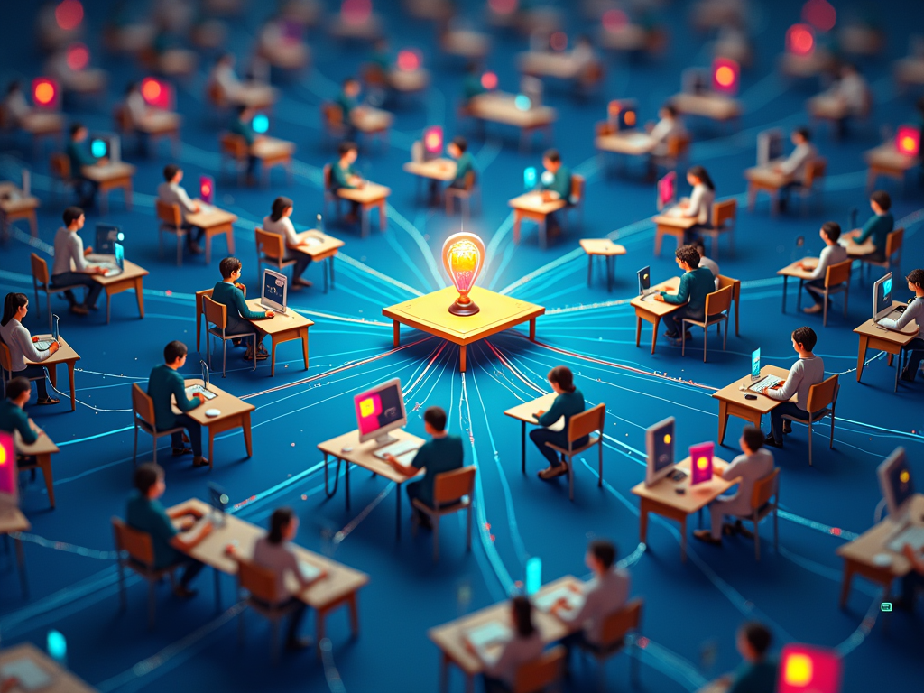 Design 1: A graphic showing interconnected nodes, some looking like physical desks/students, others like digital avatars/screens, linked by lines forming a network.