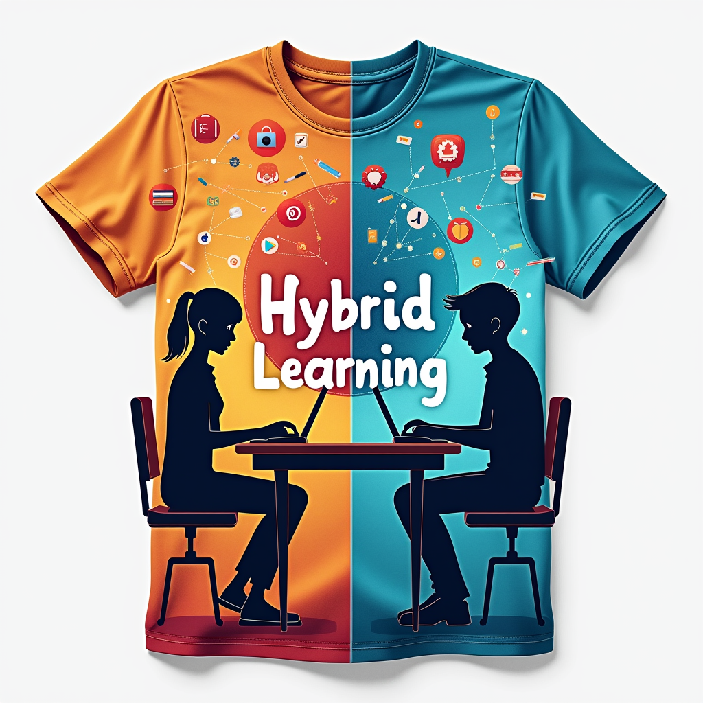 A split design: one side shows a student physically present in a classroom setting (perhaps a silhouette), and the other side shows a student engaging with a digital device for learning online, with a central 'Hybrid Learning' text or symbol unifying both halves.