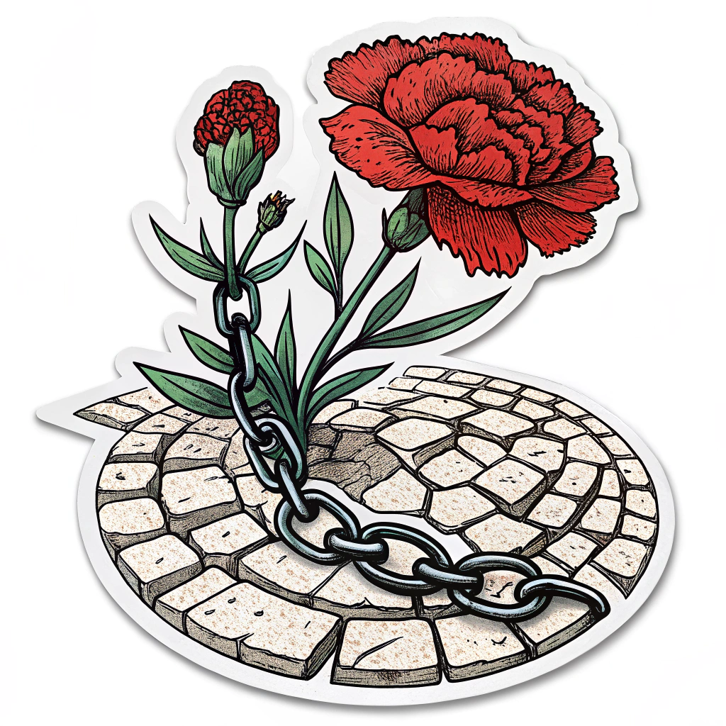 Sub Design Idea 5: Sticker featuring a symbolic graphic representation inspired by historical May Day art, such as a blooming flower (often a red carnation or poppy) emerging from a chain or cobblestone, rendered in a bold, graphic style perhaps reminiscent of woodcuts or linocuts.