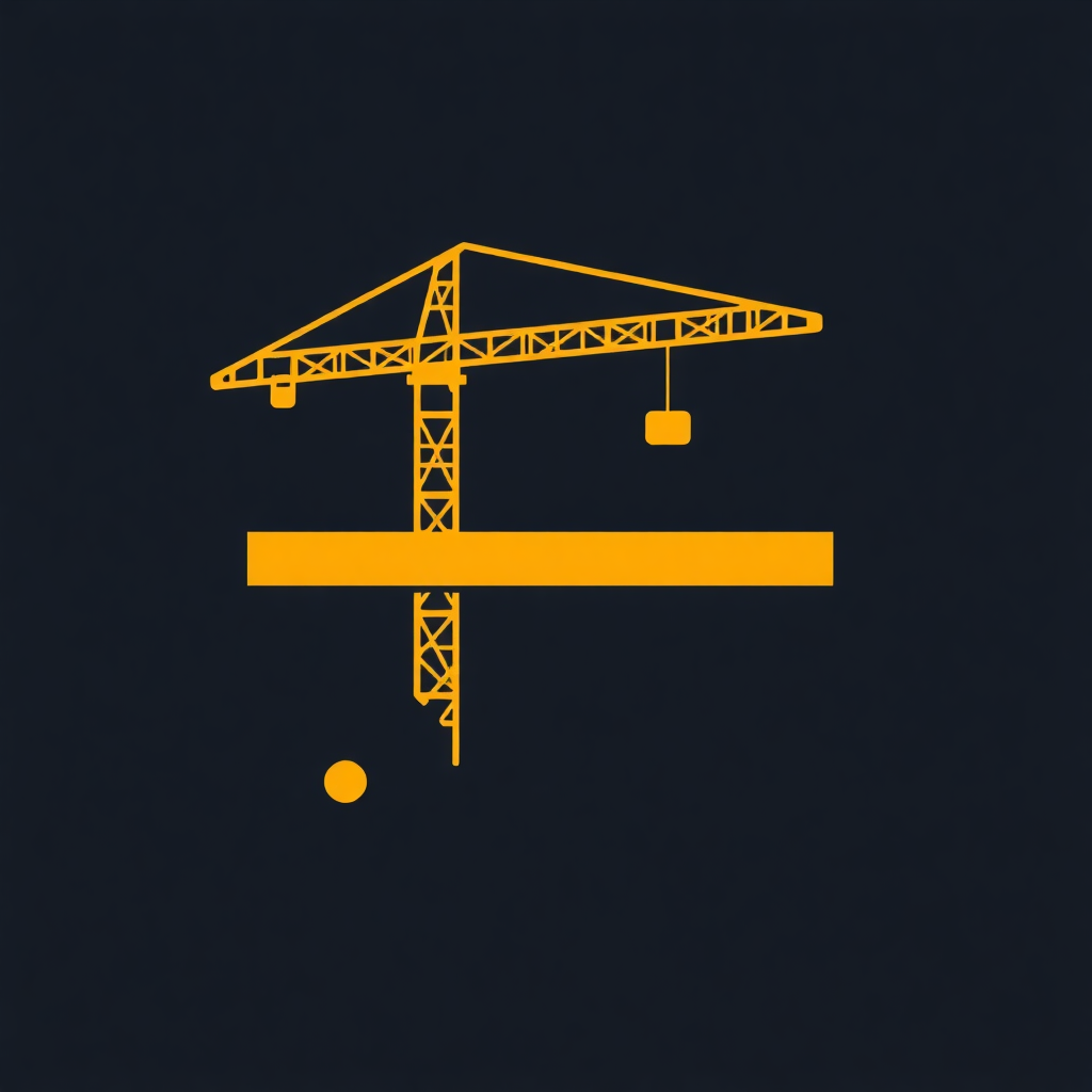 The image is a graphic illustration of a construction crane. The crane is yellow in color and is shown in a simple, minimalistic style. It has a long arm with a hook at the end, which is used to lift and move heavy objects. Below the crane, there is a horizontal bar that extends from the top to the bottom. The background is black, making the crane and the bar stand out. There is also a small orange dot in the bottom right corner of the image.