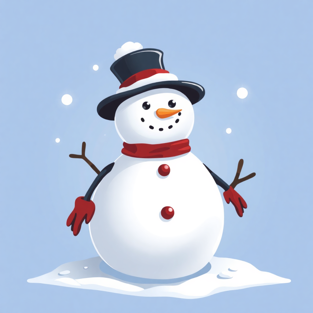 The image shows a cartoon snowman wearing a top hat and scarf, standing in the snow with a blue background.