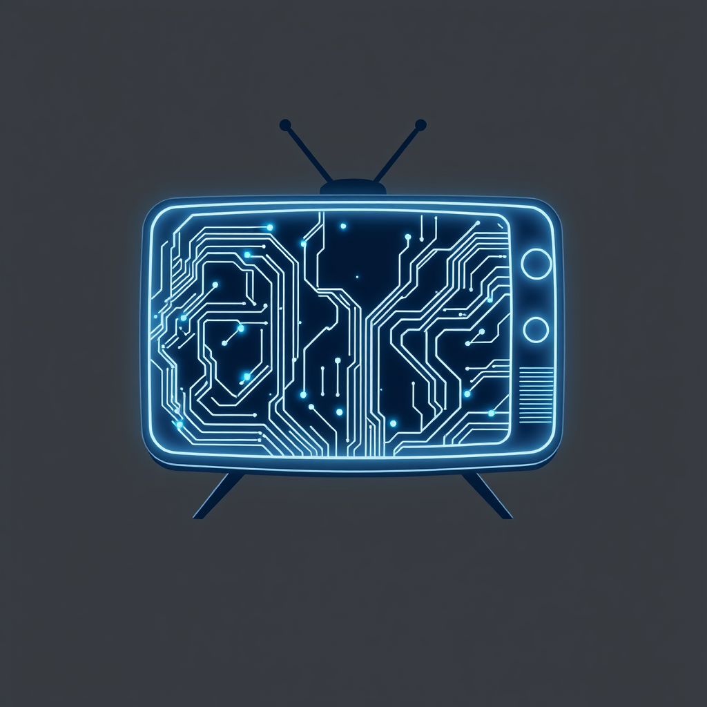 Sub-Design Idea 4: Luminous Circuitry Accents. Icon incorporates subtle, luminous circuit board traces or abstract tech patterns glowing from within or around the TV outline, signifying the embedded AI hardware/software.
