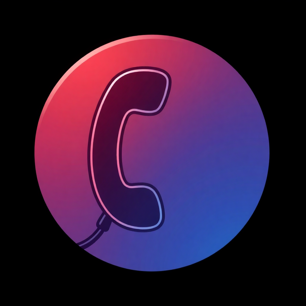 The image is a circular icon with a pink and blue color scheme. In the center of the circle, there is a purple phone receiver with a cord attached to it. The phone receiver is outlined in black and has a curved shape. The background is black, making the colors of the phone receiver stand out. The overall design is simple and minimalistic.