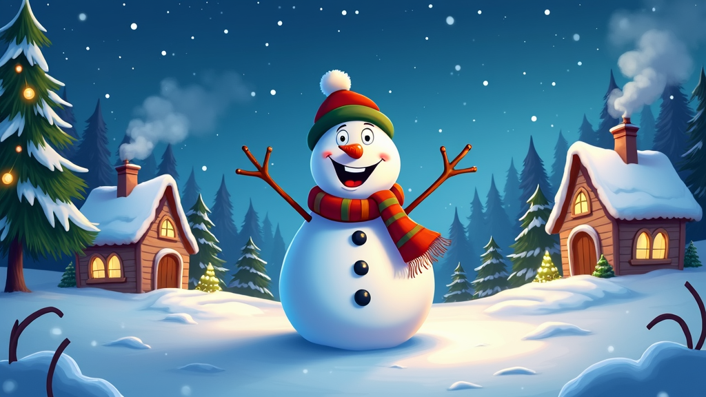 The image shows a snowman standing in the middle of a snowy forest at night. The snowman is wearing a scarf and a cap, and is surrounded by trees covered in snow. In the background, there are houses with windows and lights, and the sky is filled with stars. The image is animated, giving it a festive feel.