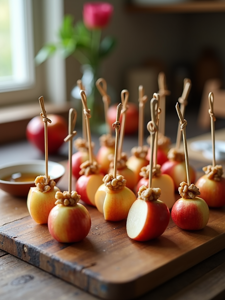 Individual skewers of apple slices, alternating with small walnut pieces and lightly drizzled with honey. This offers a fun and portable snack option, perfect for gatherings or kids.