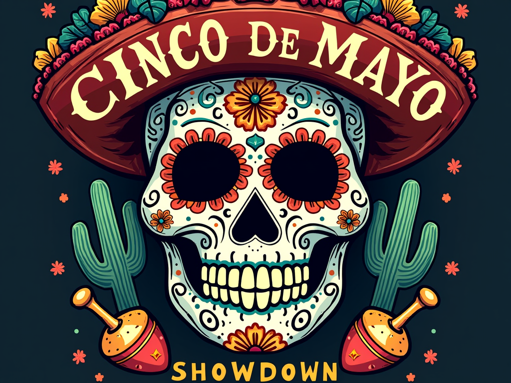 A single, highly detailed Lucha Libre mask as the focal point, adorned with festive Dia de los Muertos sugar skull patterns mixed with Cinco de Mayo elements (e.g., small maracas, cacti details). 'Cinco de Mayo Showdown' scripted around it, perhaps with a 'vs.' symbol cleverly placed.