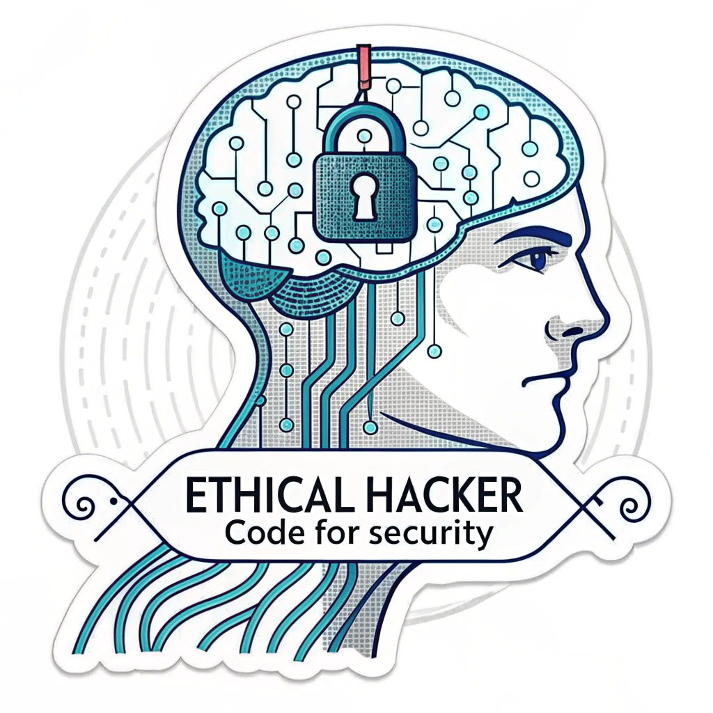 The Binary Brain-Lock: A stylized human brain silhouette where the neural pathways and convolutions are depicted as flowing streams of binary code (0s and 1s). A strong, closed padlock symbol is clearly integrated at the core or a prominent point of the brain, symbolizing security knowledge and protection. The full phrase 'Ethical Hacker: Code for Security' can be placed beneath or alongside the design.