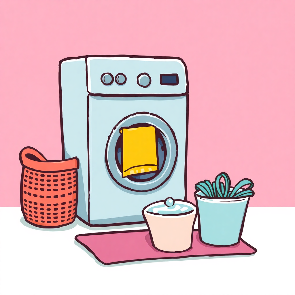 The image shows a washing machine with a basket and a potted plant on a pink background. The washing machine is in the center of the image, with the basket to its left and the plant to its right. The background is a soft pink color.