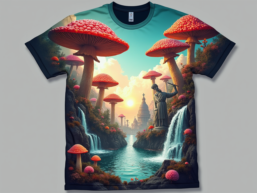 A collage of various artistic elements characteristic of Kinetic Field stages (e.g., giant mushrooms, classical statues, futuristic structures, waterfalls) blended into a dreamlike, surreal landscape across the chest.