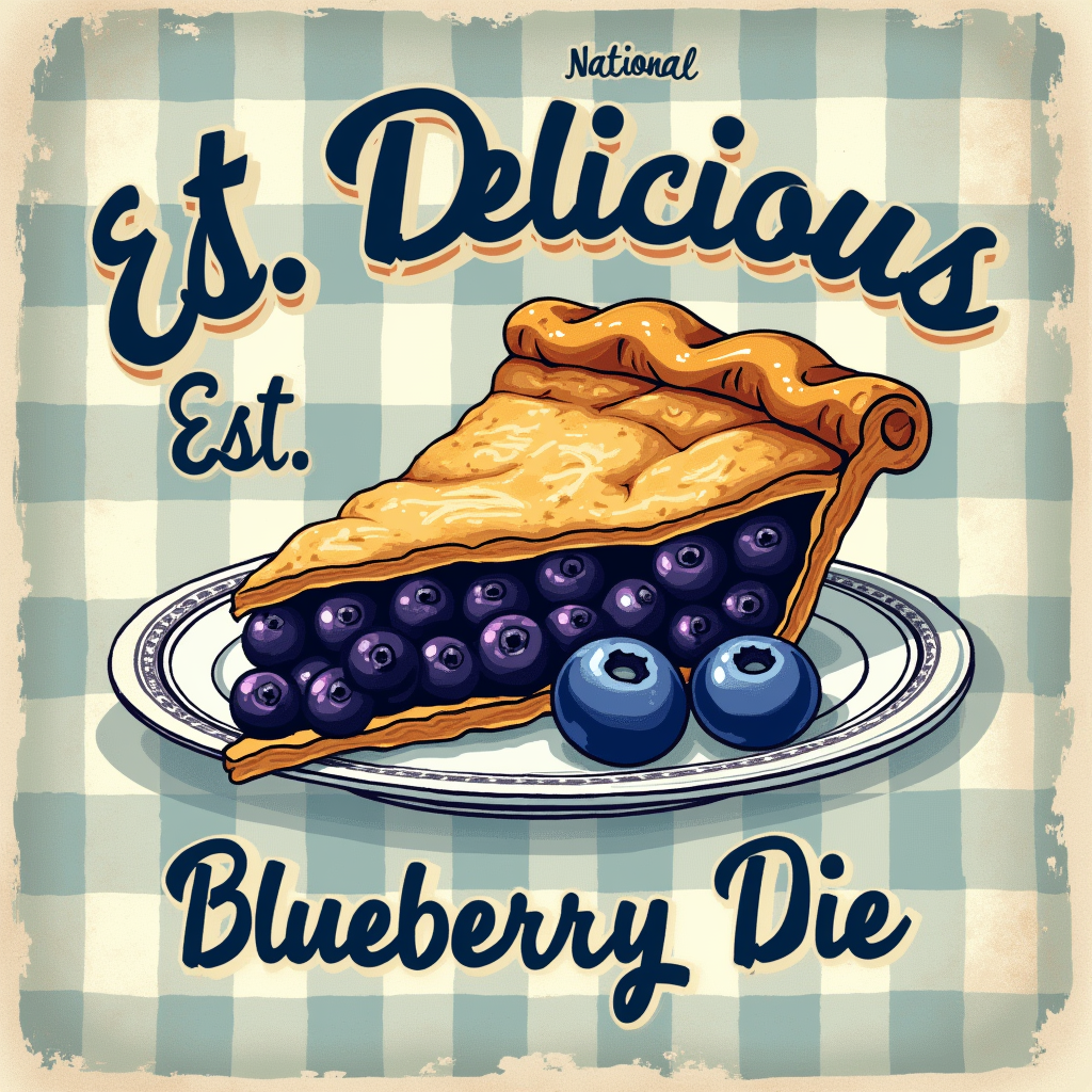 The vintage pie slice illustration placed on a faded gingham pattern background (like a tablecloth). Text 'Est. Delicious' and 'National Blueberry Pie Day' in retro typography.