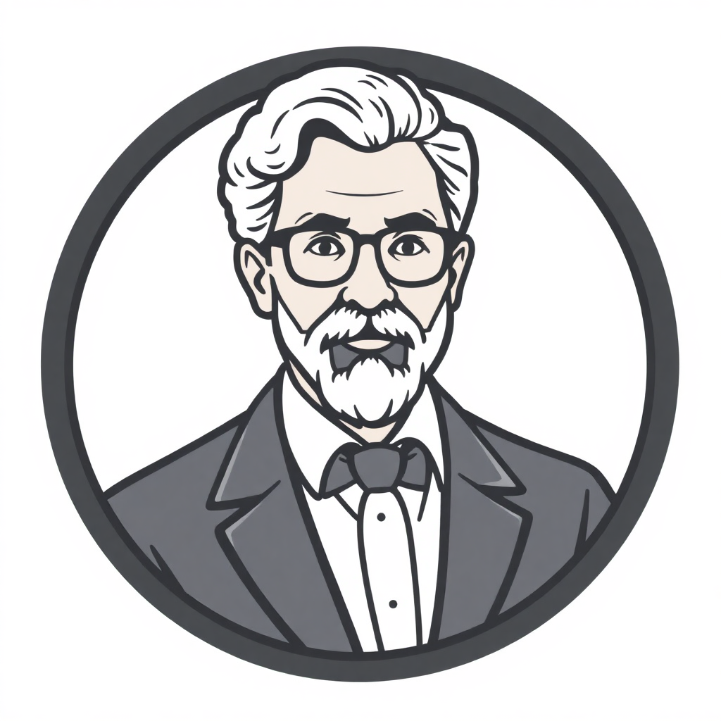 The image is a black and white portrait of a man with a beard and mustache. He is wearing a suit and tie, and has a pair of glasses on. The man has a serious expression on his face and is looking directly at the viewer. The image is in a circular shape, with a white background.