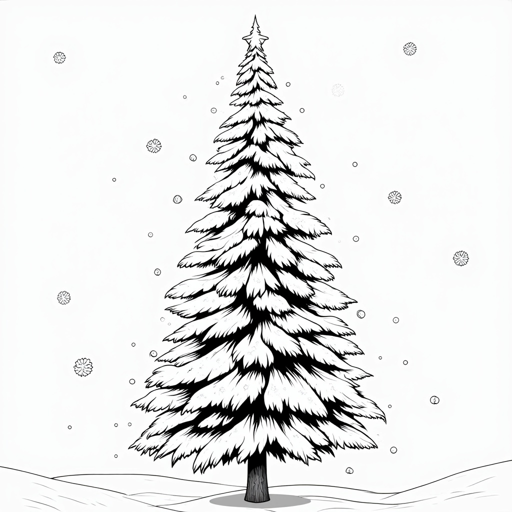 The image is a black and white line drawing of a Christmas tree. The tree is tall and slender with a pointed top and a conical trunk. It is covered in a thick layer of snow, giving it a wintery appearance. The background is plain white, with small snowflakes scattered around the tree, creating a peaceful and serene atmosphere. The overall mood of the image is cold and wintery.