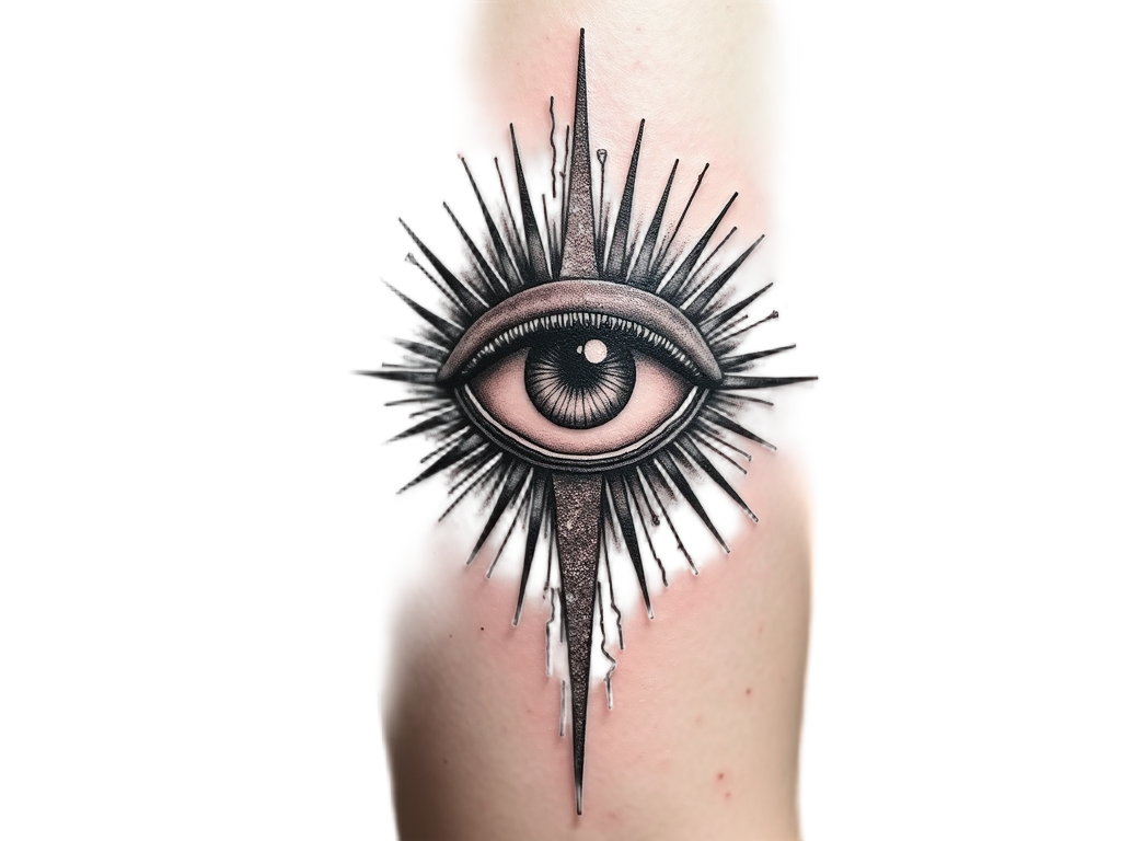 An enigmatic eye of providence tattoo on a bicep, surrounded by rays of light and intricate lace-like patterns.