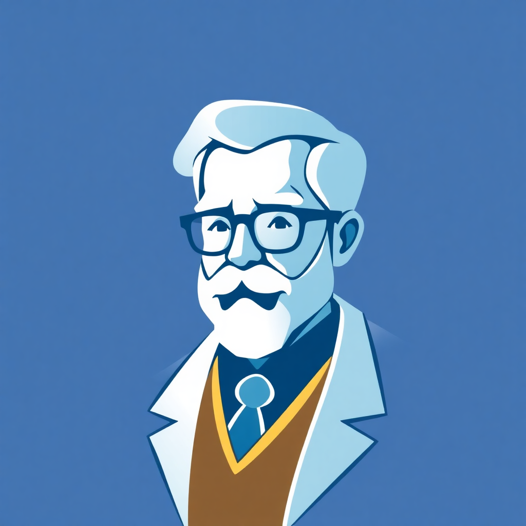 The image is a portrait of an elderly man with a white beard and mustache. He is wearing a white lab coat with a blue collar and a blue tie. He has a pair of glasses on and is looking directly at the camera with a serious expression. The background is a solid blue color. The man appears to be in his late 60s or early 70s.