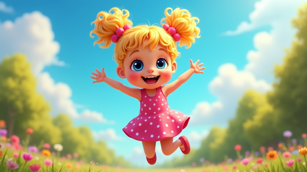 The image is a digital illustration of a cute little girl with blonde hair and blue eyes. She is wearing a pink dress with white polka dots and pink shoes. The girl is jumping in the air with her arms stretched out to the sides and a big smile on her face. She has two pink bows on her head and her hair is styled in two pigtails. The background is a green field with pink and orange flowers and trees. The sky is blue with white clouds. The overall mood of the image is cheerful and playful.