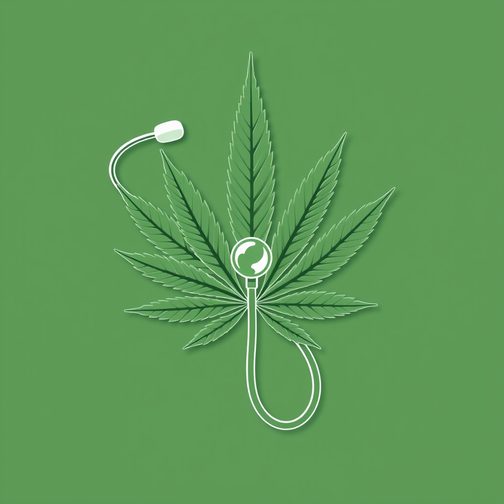 Stethoscope tubing forms the complete silhouette of a cannabis leaf, with the bell of the stethoscope subtly integrated at the leaf's stem or as its central point.