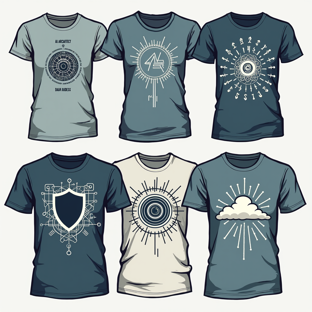 Empowering Tech Titles Series: A collection of T-shirts, each celebrating a specific tech role with a creative and empowering title paired with a minimalist icon. Examples include: 'AI Architect' (with a stylized neural network icon), 'Data Druidess' (with elegant data visualization swirls), 'Cyber Guardian' (with a modern shield insignia), 'UX Visionary' (with an abstract eye or interaction symbol), or 'Cloud Commander' (with artistic cloud formations).