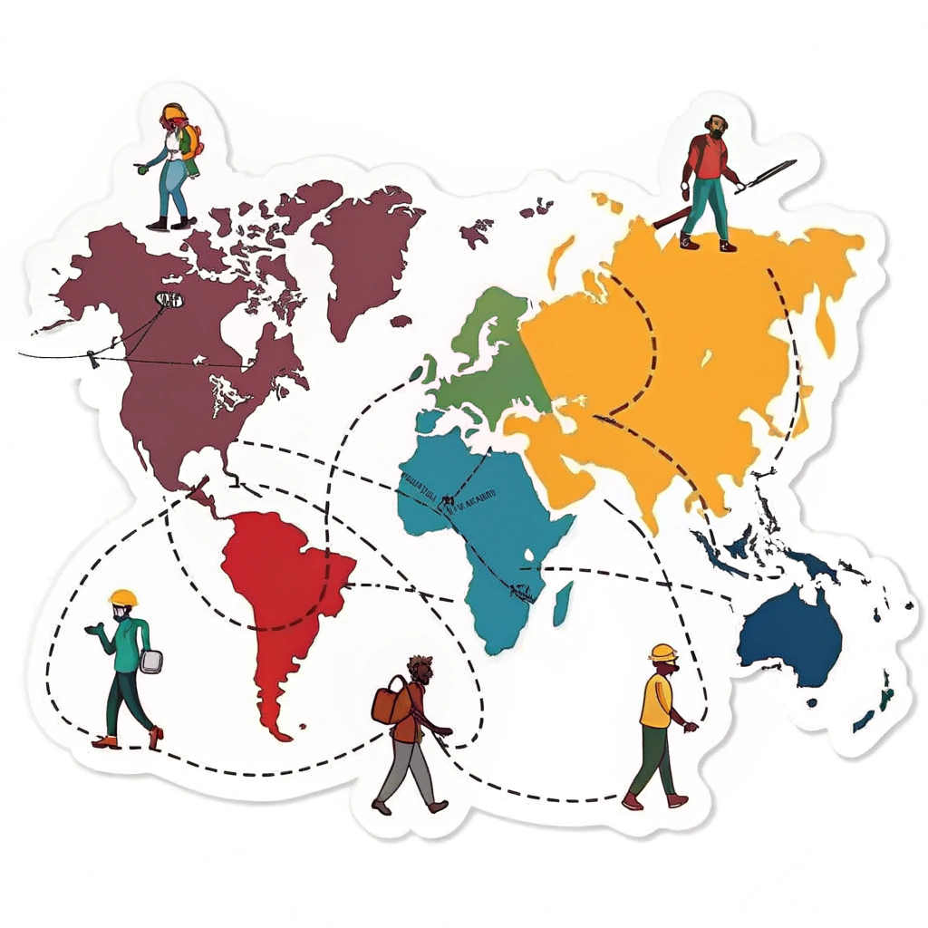 Focus on continents rather than detailed countries, each depicted in a distinct color. Small, diverse worker figures populate the landmasses, connected by lines signifying unity and shared struggle.