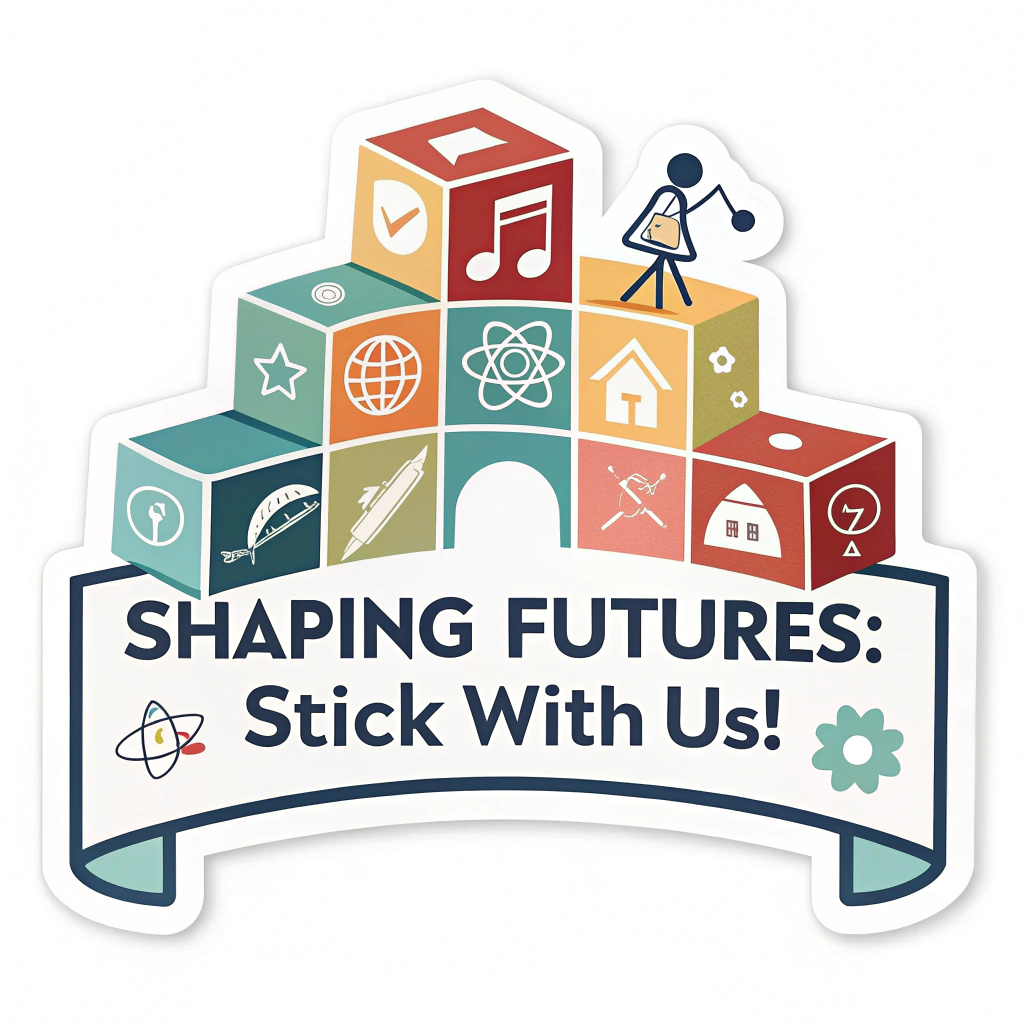 Sub-design 4 (Building Blocks of Knowledge): Colorful, abstract building blocks forming a bridge or an upward path. Each block can have subtle educational icons (e.g., an atom, a musical note, a gear). The slogan 'Shaping Futures: Stick With Us!' is integrated into the blocks or as a banner across the bridge they form.