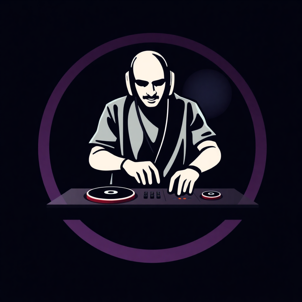 The image is a graphic illustration of a DJ playing music on a turntable. The DJ is wearing a black robe and has a bald head and a mustache. He is wearing headphones and appears to be focused on the music he is playing. The background is black with a purple circle in the center, which is the focal point of the image. Around the circle, there is a DJ's hands on the turntables, which are red and black in color. The image has a modern and minimalist design.