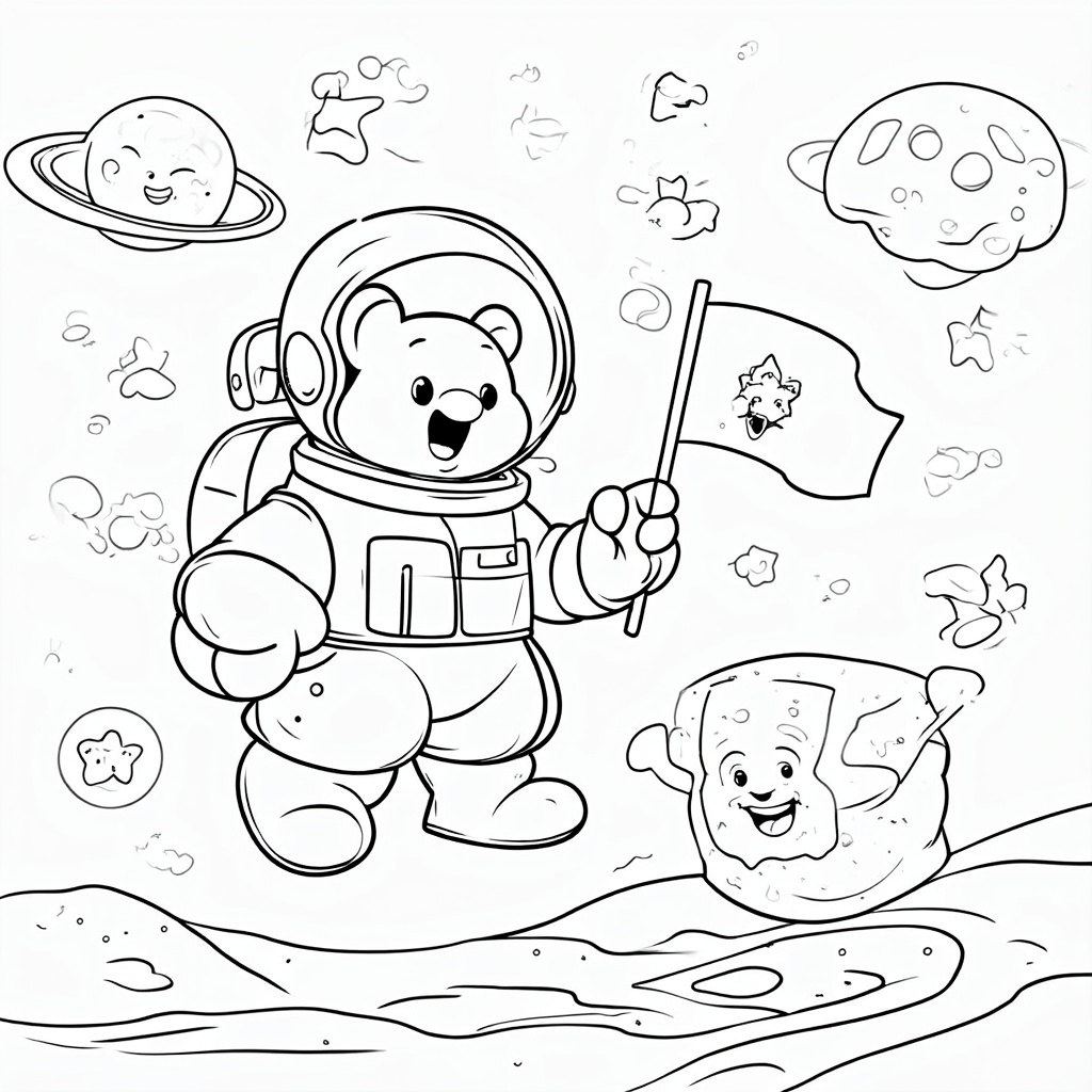 Gummy Bear Astronaut Explorer: A gummy bear in a comically puffy astronaut suit with a clear bubble helmet, floating amongst gummy stars and planets, trying to plant a flag made of a fruit roll-up on a marshmallow moon.