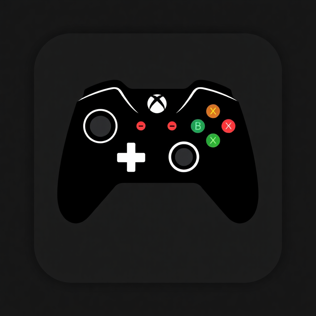 The image is a black square with a black background. In the center of the square, there is a white Xbox controller with four buttons - red, green, orange, yellow, and red - arranged in a circular pattern. The buttons are labeled X, B, C, D, E, F, G, H, J, K, and X. The controller has a plus sign in the center, indicating that it is a wireless gaming controller. The overall design of the controller is simple and minimalistic.