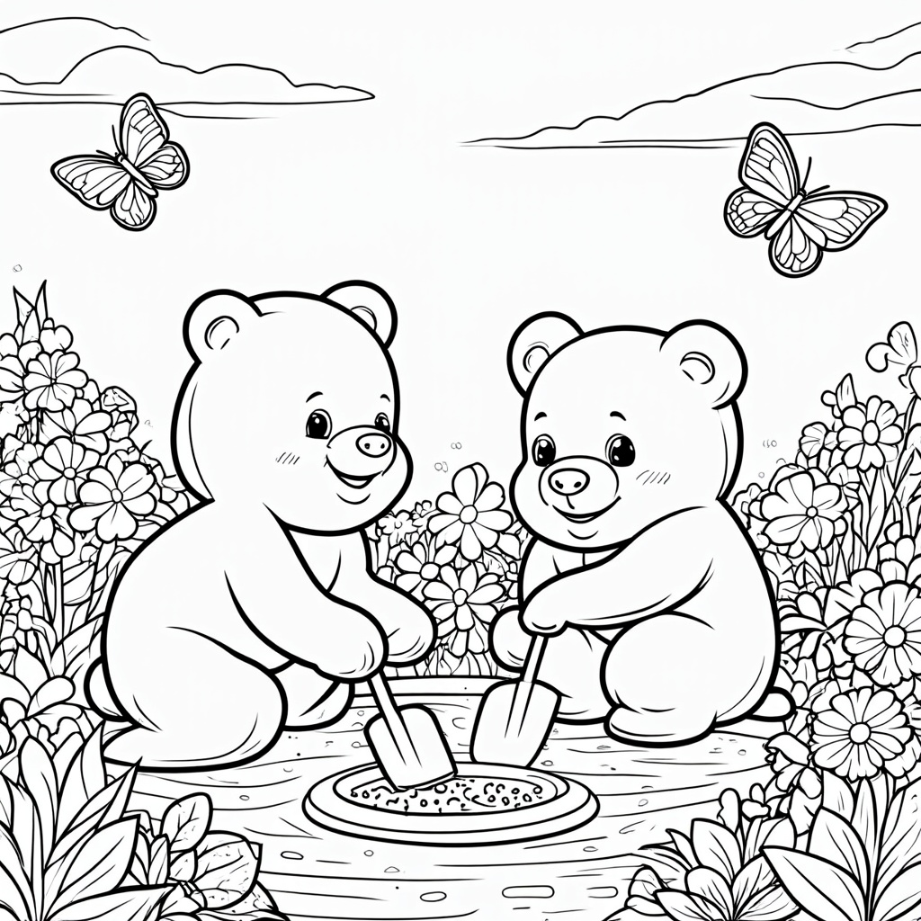 Spring: Gummy bears planting colorful gummy flowers in a garden, with gummy butterflies fluttering around.