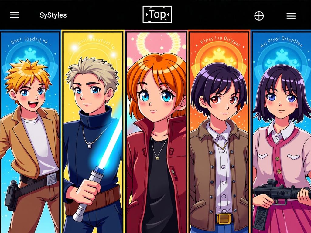 Create a web gallery showcasing famous movie characters (e.g., Luke Skywalker, Hermione Granger) rendered by AI in five distinct art styles (e.g., Anime, Cyberpunk, Art Nouveau, Pixar Animation, Renaissance Painting).