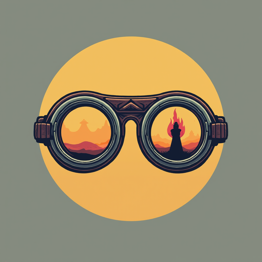 Simple Icon Idea: A clean, single-color icon depicting a pair of classic round desert goggles. Within one lens, a tiny, simplified silhouette of the Burning Man effigy is subtly visible. The overall icon is compact and easily recognizable.