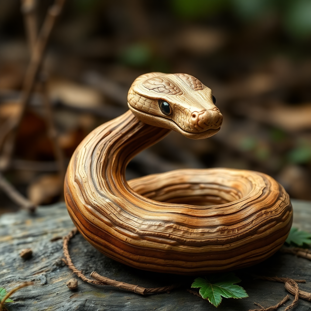 The image is a close-up of a snake's head and body. The snake is coiled up on a piece of wood, with its body facing towards the right side of the image. Its head is turned slightly to the left, and its eyes are visible. The body of the snake is a light brown color, with a striped pattern running along its length. The wood appears to be weathered and aged, with some cracks and chips visible on the surface. The background is blurred, but it seems to be a wooded area with fallen leaves and twigs scattered around.