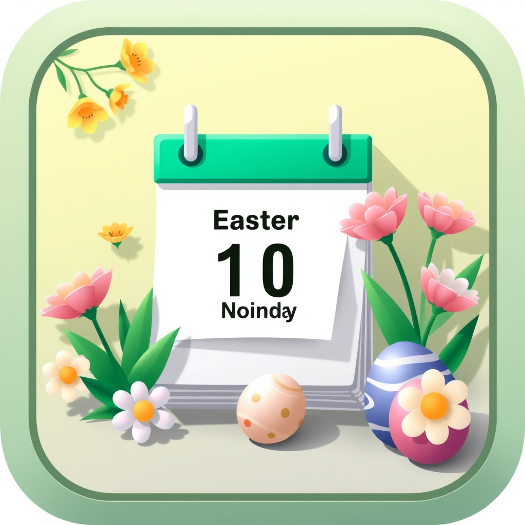 Stylized icon featuring a calendar page with the date of Easter Monday highlighted, surrounded by festive decorations like eggs and flowers.